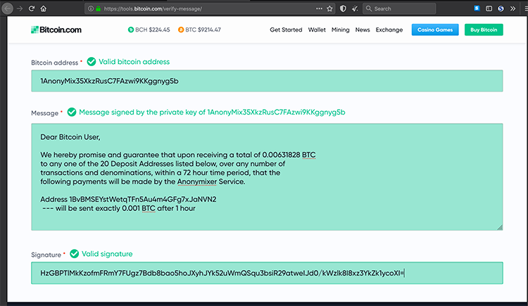 Screenshot of Bitcoin.com Verifying an CryptoMixer Signed Message