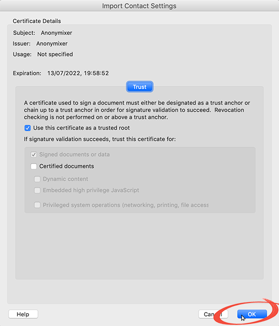 Trusting CryptoMixer's Signing Certificate (Import Contact Settings Window)